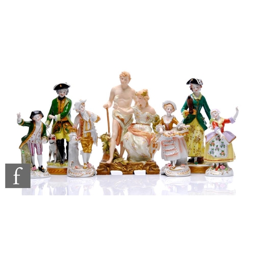 76 - A collection of 19th Century continental porcelain figures, including a pair of Volkstedt porcelain ... 