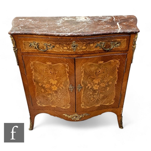 801 - A 20th Century Louis XV style floral marquetry inlaid side cabinet, the veined serpentine marble top... 