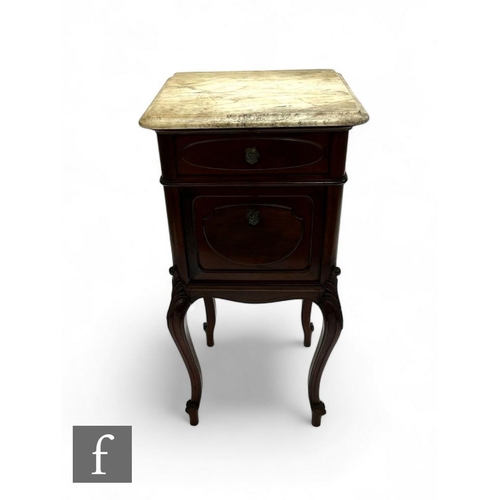 837 - A 19th Century French marble top bedside cupboard, the moulded edge top over a small drawer and fall... 