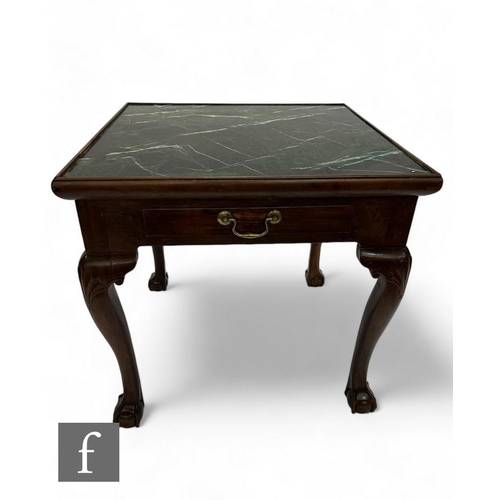 888 - A George III style mahogany square top centre table, the green variegated marble top over a small fr... 