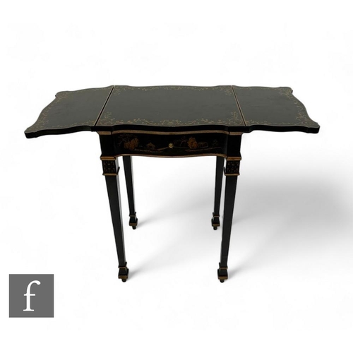 839 - A 20th Century ebonised and gilt painted small drop flap side table, fitted with a serpentine drawer... 