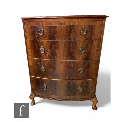 852 - A 20th Century bowfront mahogany chest of four long crossbanded drawers, brass drop handles, on cabr... 