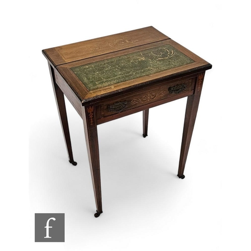 864 - A late Victorian marquetry inlaid small lady's writing desk, the part hinged top with metamorphic ac... 