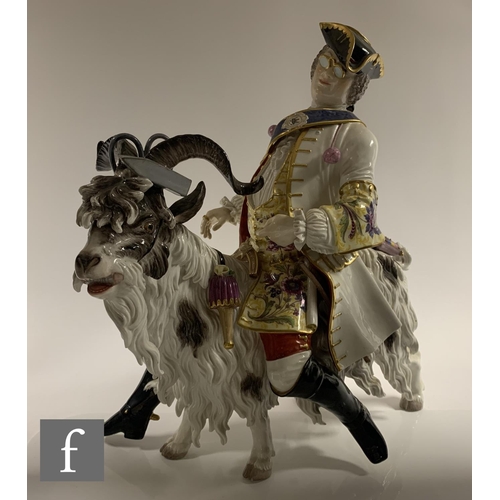 195 - A large 19th century Meissen porcelain figure of Count Brühl's Tailor on a goat, after the 18th Cent... 