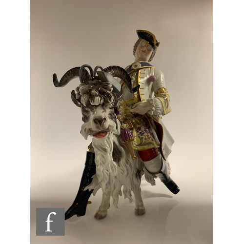 195 - A large 19th century Meissen porcelain figure of Count Brühl's Tailor on a goat, after the 18th Cent... 