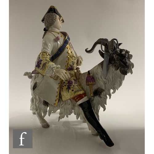 195 - A large 19th century Meissen porcelain figure of Count Brühl's Tailor on a goat, after the 18th Cent... 