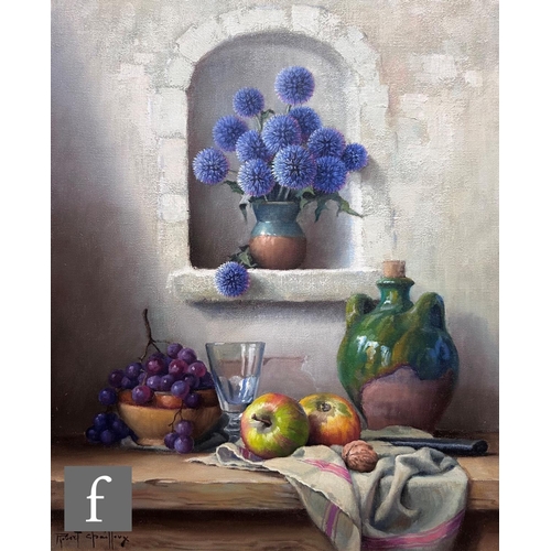 455 - ROBERT CHAILLOUX (FRENCH, 1913-2006) - A still life with blue globe thistles, apples, grapes and pot... 