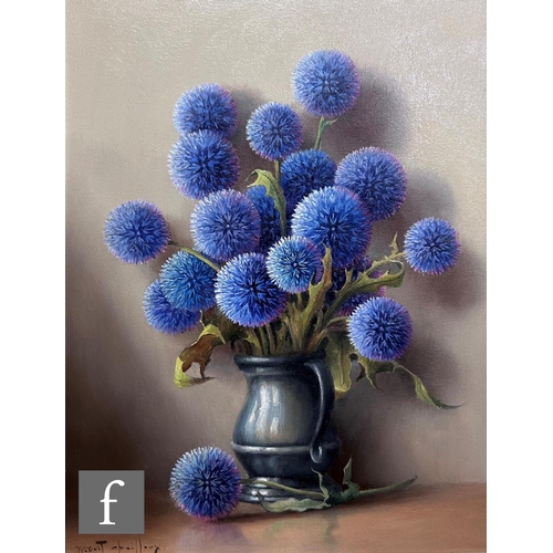 456 - ROBERT CHAILLOUX (FRENCH, 1913-2006) - 'Chardons Bleu' - blue globe thistles in a pewter tankard', o... 