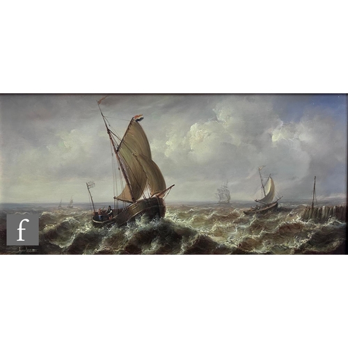 460 - JEAN LAURENT (FRENCH 1898-1988) - Dutch fishing boats in a swell, oil on panel, signed, framed, 20cm... 