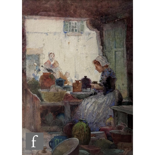 468 - PERCY LANCASTER, RI, RBA, ARE (1878-1951) - A Breton pottery shop, watercolour, signed, framed, 22cm... 