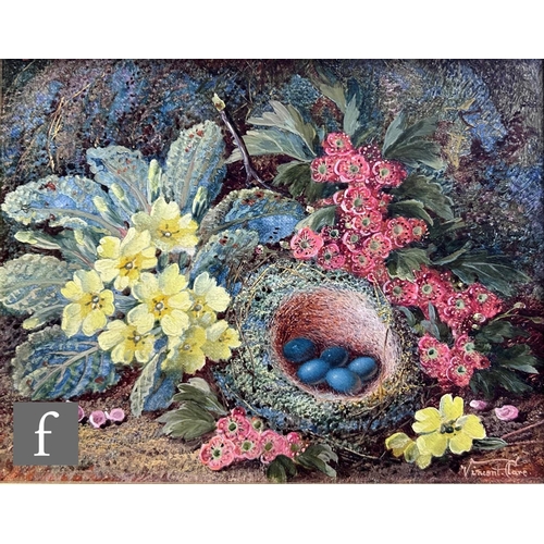 469 - VINCENT CLARE (1855-1930) - Primroses, hawthorn blossom and a bird's nest, oil on canvas, signed, fr... 