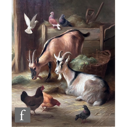 473 - EDGAR HUNT (1876-1953) - Goats, pigeons and hens in a barn, oil on canvas, signed and dated 1907, fr... 