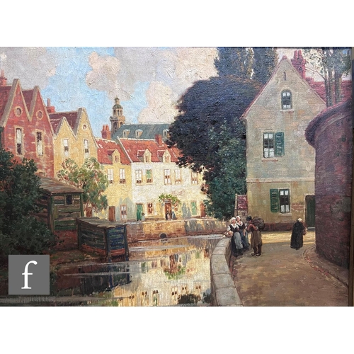 484 - FREDERICK MARRIOTT RE, ARCA (1860-1941) - 'A sunlit street scene, Bruges', oil on canvas, signed, fr... 