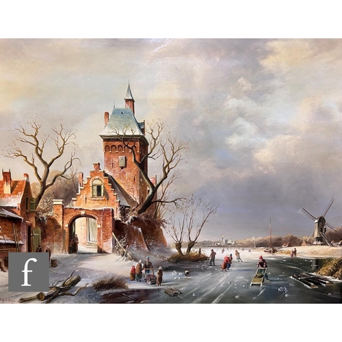 496 - J. H. DE BERG (DUTCH, LATE 20TH CENTURY) - Figures skating on a frozen lake, oil on board, signed, f... 