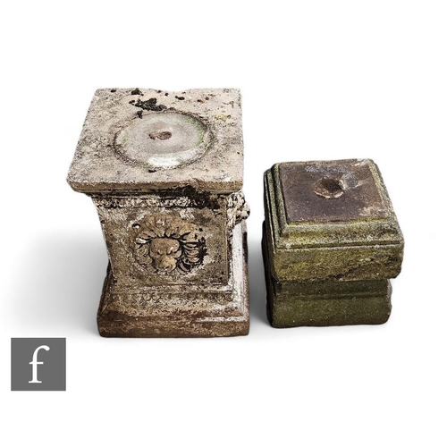 904 - Two garden stone plinths, each of square classical form, one of plain form, height 39cm, width 30cm,... 