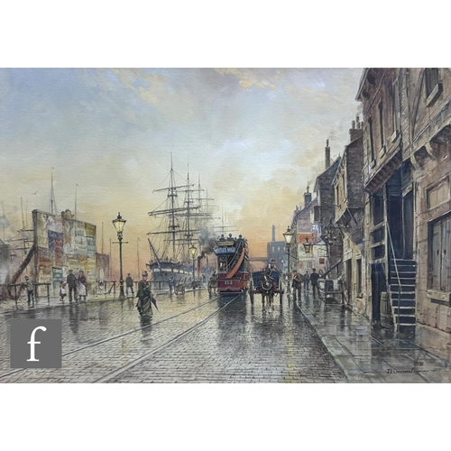 477 - JOHN L. CHAPMAN (BORN 1946) - A busy dockside scene with moored sailing ship and tram, watercolour, ... 