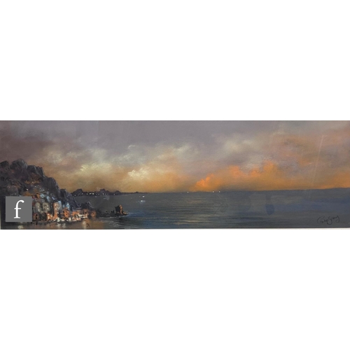 498 - PHILIP GRAY (CONTEMPORARY) - Mediterranean coastline at sunset, pastel drawing, signed, framed, 18cm... 