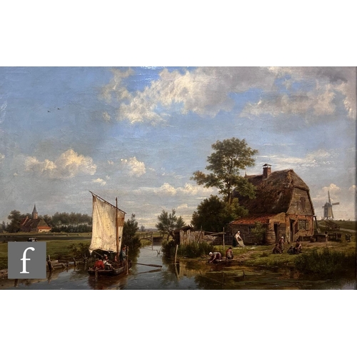 479 - FOLLOWER OF CHARLES LEICKERT (DUTCH, 1818-1907) - Figures in a rowing boat beside an old farm, oil o... 