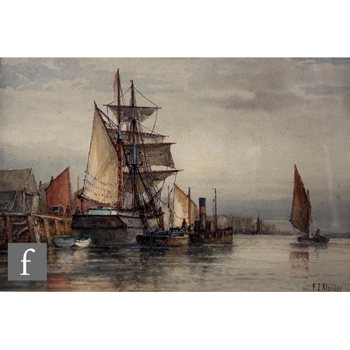 462 - FREDERICK JAMES ALDRIDGE (1850-1933) - A sailing ship in harbour, watercolour, signed, framed, 18cm ... 