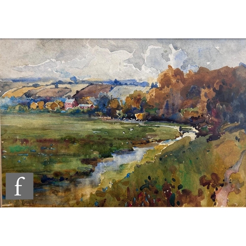 481 - WILLIAM MONK, R.E. (1863-1937) - A wooded river scene with distant village, watercolour, signed, fra... 