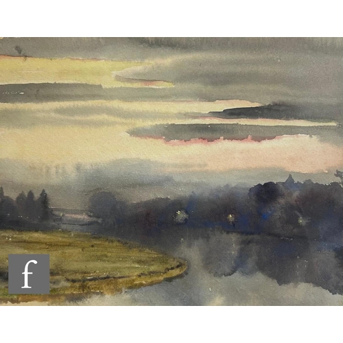 481 - WILLIAM MONK, R.E. (1863-1937) - A wooded river scene with distant village, watercolour, signed, fra... 