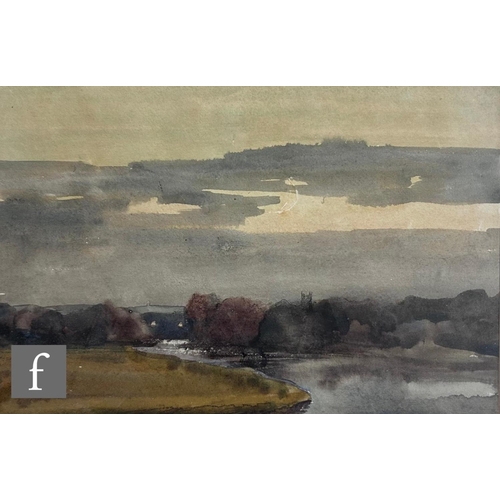 481 - WILLIAM MONK, R.E. (1863-1937) - A wooded river scene with distant village, watercolour, signed, fra... 