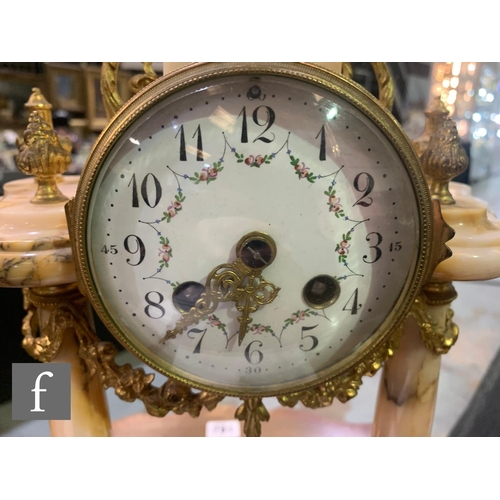 761 - A 20th Century French clock garniture, the enamel dial suspended between four pillars surmounted wit... 