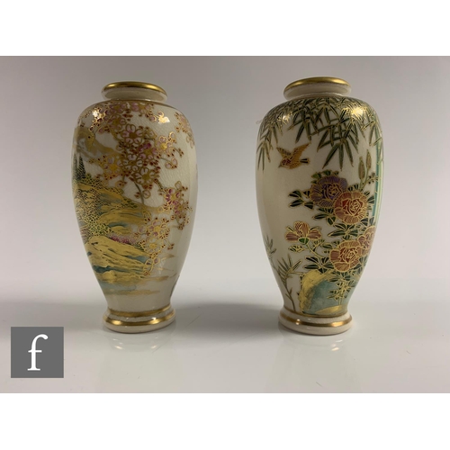 53 - Two Japanese late Meiji period satsuma vases, each of slender form, the ivory ground decorated with ... 