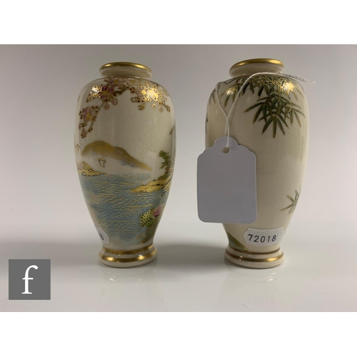 53 - Two Japanese late Meiji period satsuma vases, each of slender form, the ivory ground decorated with ... 