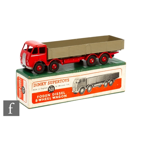 421 - A Dinky 501 Supertoys Foden Diesel 8-Wheel Wagon with red cab with silver flash and fawn back, in a ... 