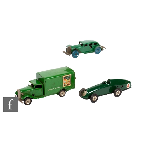 378 - A Triang Minic Southern Railway delivery van in green with Fit Bits and FROG advertising decals, tog... 