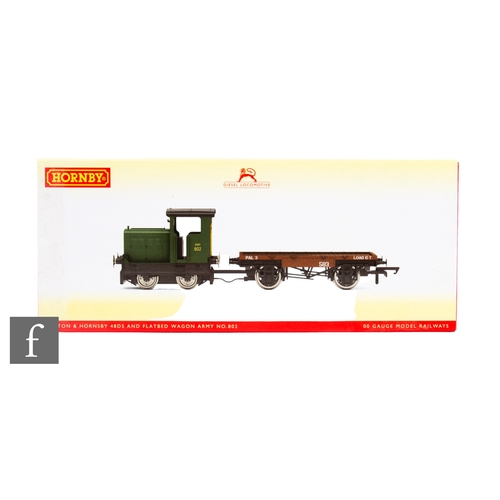 328 - An OO gauge Hornby DCC Ready Ruston and Hornsby 48DS 0-4-0 Army 802 locomotive and flatbed wagon, bo... 