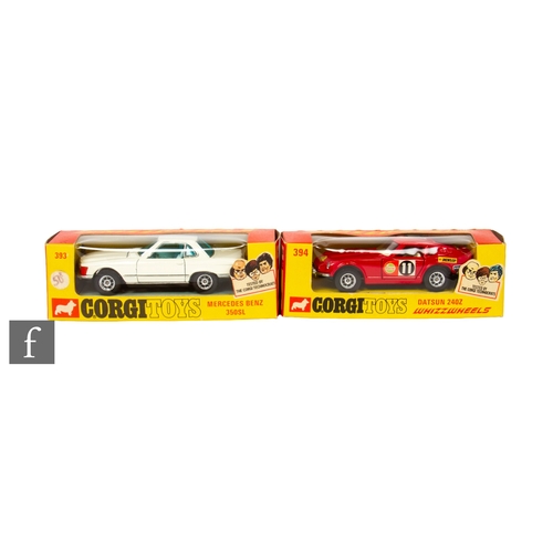 425 - Two Corgi Whizzwheels diecast models, 393 Mercedes Benz 350SL in white, and 394 Datsun 240Z in red, ... 