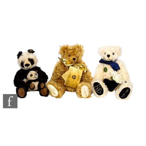 319 - Three teddy bears, Steiff 660818 Cha Cha Panda and Cub, height 20cm, and two Hermann musical bears, ... 