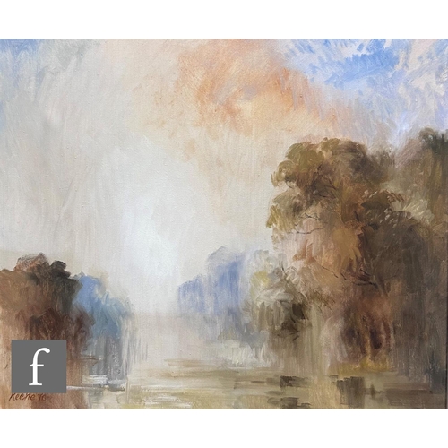 488 - ARTHUR KEENE (1930-2013) - A misty river scene, oil on canvas, signed and dated '76, framed, 61cm x ... 