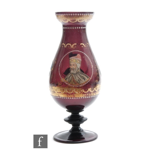 402 - A 19th Century Italian Murano glass vase of swollen baluster form, raised to an annulated stem and c... 