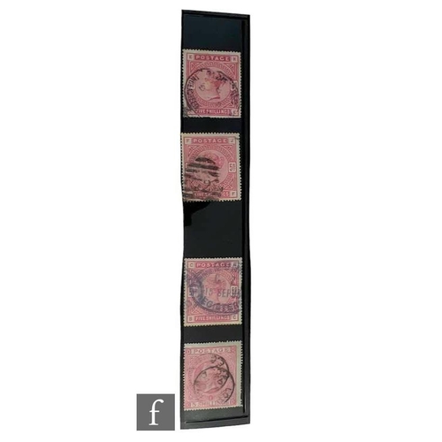 589 - A group of four used Queen Victoria SG180 5/- rose postage stamps, three with large anchor watermark... 