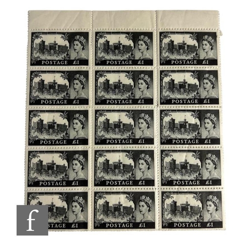 592 - A marginal block of fifteen Queen Elizabeth II  1955 SG539 £1 black Windsor Castle postage stamps, m... 