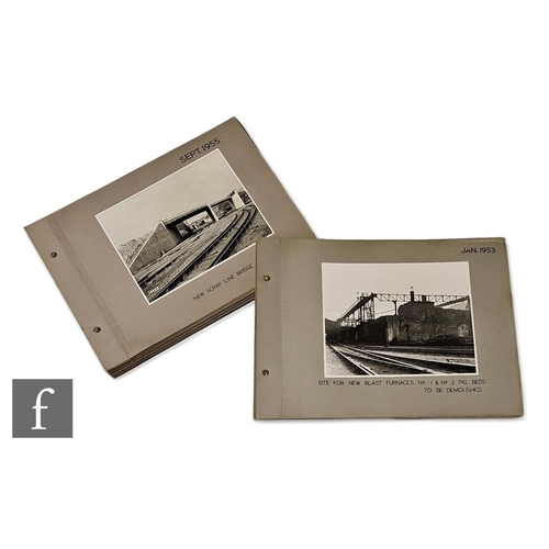 524 - A 1950s photograph album of full plate images depicting demolition sites (Jan 1953), blast furnaces ... 