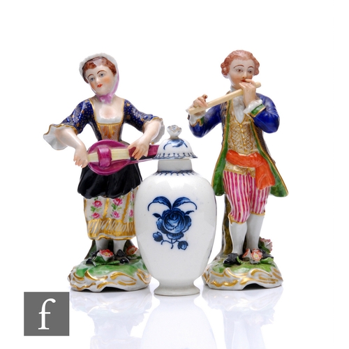 7 - Two Sansom/Crown Derby figures, modelled as a flautist and lute player in gilt heightened polychrome... 