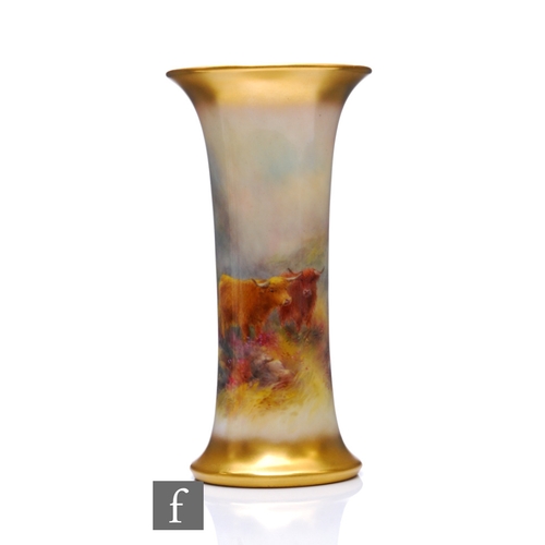 12 - A Royal Worcester cattle vase, cylindrical flared form, painted by Harry Stinton, circa 1933, decora... 