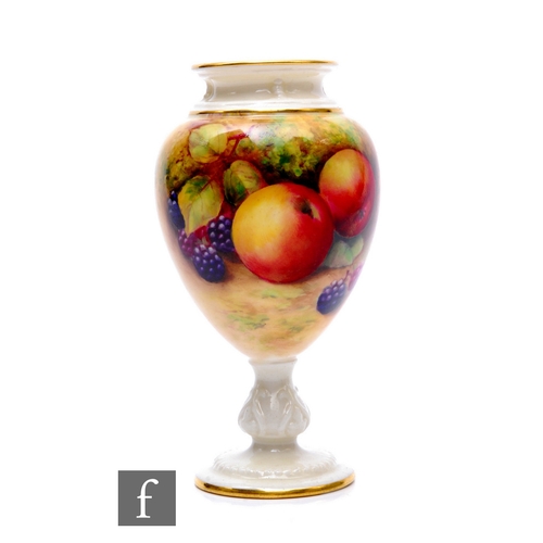 15 - A Royal Worcester fallen fruit vase of ovoid pedestal form, by George Moseley, circa 1932, decorated... 