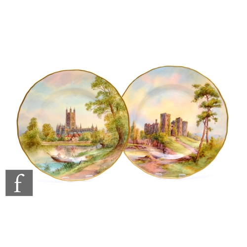 22 - A Royal Worcester plate, painted over transfer, decorated with waterside view of Gloucester Cathedra... 