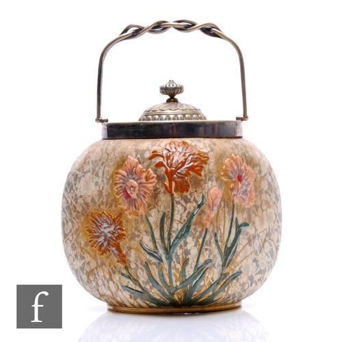 27 - A late 19th Century Doulton Burslem square biscuit barrel, the cine ware body with relief moulded ca... 