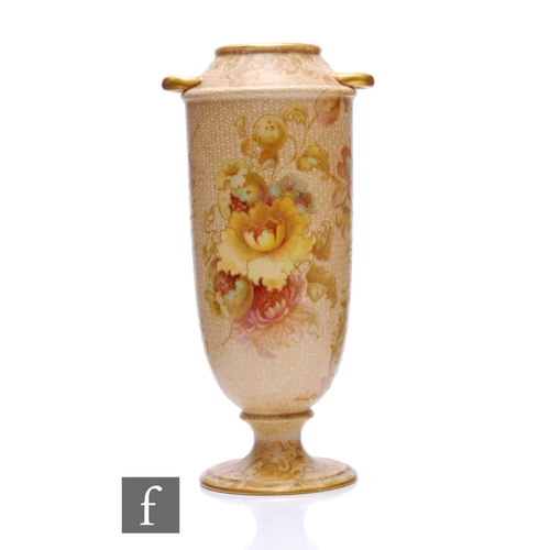 32 - A late 19th Century Doulton Burslem twin handled cylinder vase, decorated with gilt and enamel flowe... 