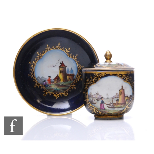 34 - A late 19th Century porcelain chocolate cup, cover and saucer decorated with hand painted cartouche ... 