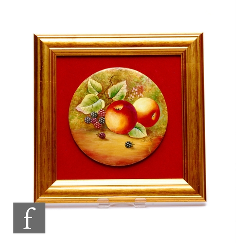 48 - A fallen fruit painted plaque by J Skerrett, Worcester artist, decorated with apples and blackberrie... 