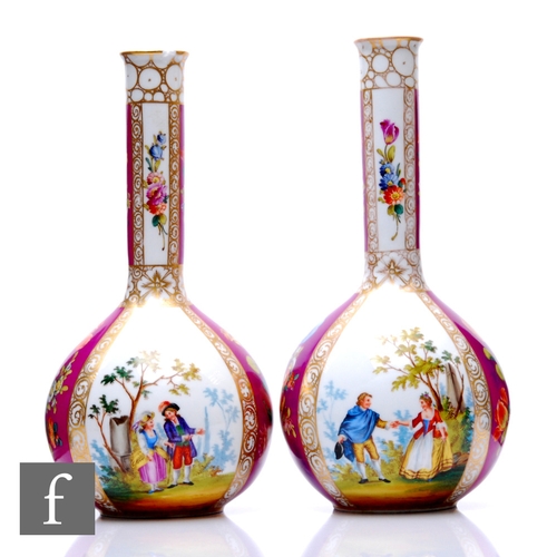 65 - A pair of 19th Century Dresden porcelain bottle vases of globe and shaft form, decorated with altern... 