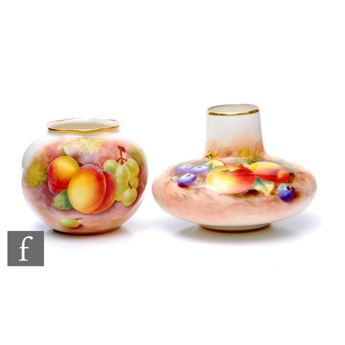 79 - A Royal Worcester fruit painted vase by Leighton Maybury, circa 1954, of globe form with shaped rim,... 