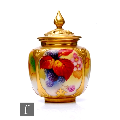 80 - A Royal Worcester fruit painted pot pourri jar and cover by Kitty Blake, circa 1930, quatrelobed for... 